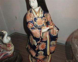 Vintage Porcelain Kutani Smiling Geisha Woman  Hand-Painted Statue 