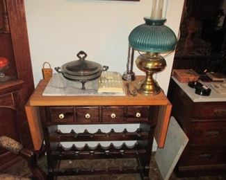 Decorative Wine Rack Table with Drawer with Antique Brass Rayo Oil Lamp Electrified 