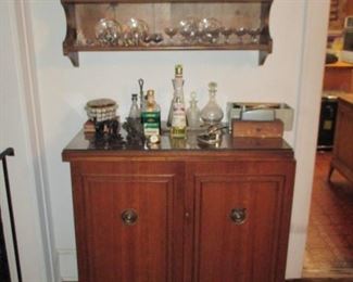 Fabulous Mid-Century Saginaw Furniture Bar Console Cabinet with Vintage Plate Rack with Depression Glass Crystal Dishes & Glasses 