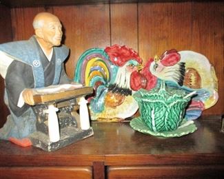 Vintage Mid-Century Glazed Clay Chinese Statue ~ Majolica Cabbage Lettuce Ware & Vintage Rooster Plates 