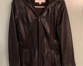 HALF OFF  !  $30.00 NOW, WAS $60.00............Liz Claiborne Hooded Leather Jacket Size Medium, very soft leather (S28)