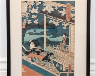 Toyokuni “Two Court Ladies Admiring the Cherry Blossoms in the Garden” 1785-1864 Japanese Woodblock