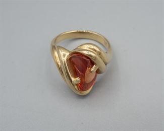 Designer Strell 14K Yellow Gold Abstract Wave Ring with Orange Stone Size 7