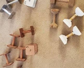 Dog obedience dumb bells in wood, metal, & leather
