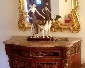 Fully inlaid and bronze French style cabinet with marble top