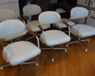 A Set of Six 6 White Ivory Vinyl, Chrome, and Wood Kitchen Chairs, all Very Comfortable, 