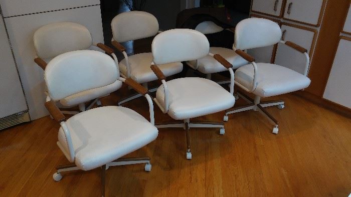 A Set of Six 6 White Ivory Vinyl, Chrome, and Wood Kitchen Chairs, all Very Comfortable, 