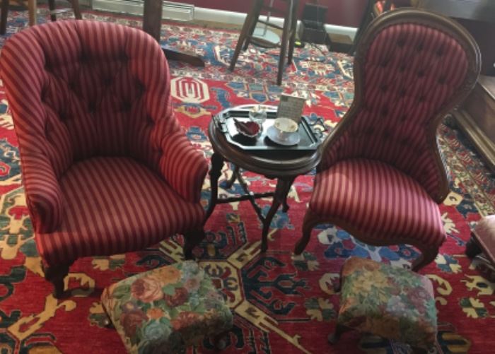 Nice Vintage Chairs with Matching Fabric, plus 2 matching Fabric Vintage foot stools.