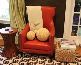 Occasional Chair, Round Side Table, Accent Pillows, Throw