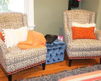 Upholstered Chairs, Accent Pillows, Throw,  Tufted Cube