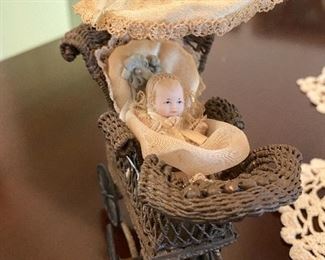 Porcelain wicker baby carriage Antique