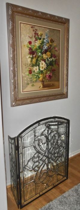Lovely Glass Fireplace Screen, Floral Print
