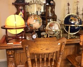 Oak and Copper Bar , Bar Stools (2), Back Bar Mirror    Lighted Globes, Mineral Globes 