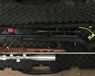 Top one is a  Ruger 10/22
The wooden stock rifle is a savage bolt action 22 left hand action and stock (can get a 1” group at 100yds)