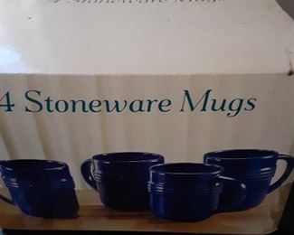4 Blue Stoneware Mugs New in the Box