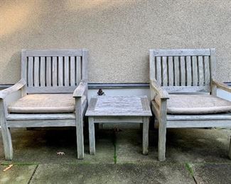 Item 5:  (7) Gloster teak arm chairs - 27"l x 22"w x 33"h: $325 each (4 CHAIRS SOLD)                                                                                              Item 6:  (3) Gloster teak side tables - 19"l x 16"w x 13"h: $275 each (SOLD)