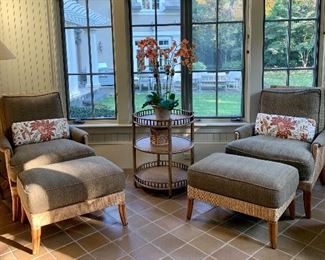 Item 12:  (4) Woven wicker arm chairs with (2) ottomans:  $695 with Ottoman and $550 without Ottoman                                                                                            
Arm Chairs - 32"l x 28.75"w x 37.5"h                                                 Ottomans - 29.5"l x 20"w x 17.5"h
