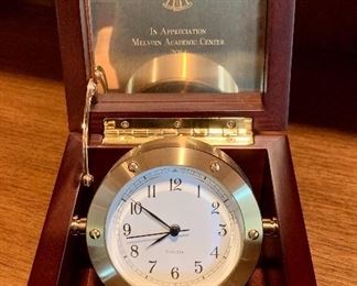 Item 41:  Chelsea Clock in Presentation Box - this item does have an inscribed brass plate on the inside of the top cover - 5.75" x 4": $125