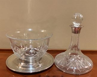 Item 79:  Crystal bowl with a sterling silver bottom - 5.25" x 4":    $65                                                                                                                Item 75:  Mini cruet - top may be sterling - unmarked and is a little loose - 6.5":    $12              