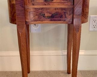 Item 143:  Kidney shaped table with banded inlays and two drawers - 19.5"l x 11"w x 24.25"h:  $165