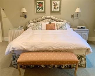 Item 380:  King Upholstered Headboard - includes bedskirt and matching pillows (the blue and white ones):  $545