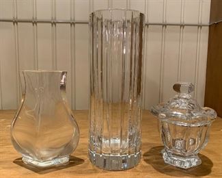 Item 290:  Baccarat vase (left side) - 2.25" x 4.75":  $50                                                                                                         Item 291:  Baccarat vase (middle) - 3" x 8":  $75                                     Item 292:  Baccarat jam jar - missing spoon (right side) - 4.5":  $45 - no spoon