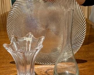 Item 432:  (3) Crystal pieces:  $38                                                                               Tall (heavily weighted on bottom) Vase - 5.75" x 7"                                                                                                   Heavy Cake Plate Swirl Platter - 13.25"