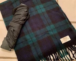 Item 394:  Black umbrella and lambswool and angora plaid scarf:  $22