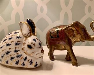 Item 407:  Royal Crown Derby Porcelain rabbit and brass elephant figurines:  $26