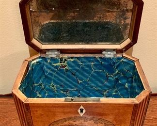 Antique inlaid Box with Marbelized paper interior- there are some condition issues: $65