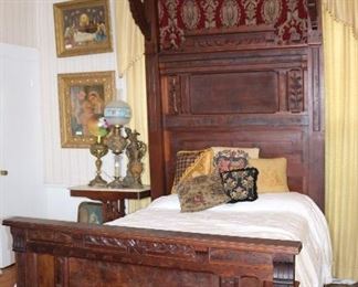 90 - Victorian Walnut Eastlake Half Tester Bed with Burl Trim, 110T, 53W, 72L