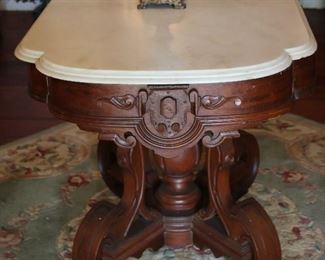 65 - Victorian Center Table with Rounded Corners, Double Banded White Marble.  Possibly Thomas Brooks, 28.5T, 41W, 27D
