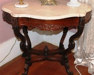 48 - Rosewood Victorian Turtle Top Parlor Table with White Marble Top, 29.5T, 34W, 26.5D