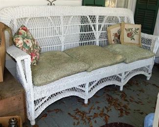 93 - Antique very large Wicker Sofa w green cushions 40 T, 82.5 L, 30D