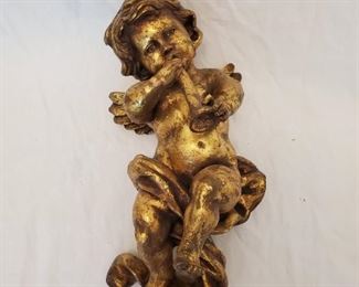 $30 - Cherub - Made of molded resin with florentine gold finish, with a wire for hanging at the back. The cherub has a crack in the top of the head. Measures 14" tall, 10" wide, 7.5" deep.