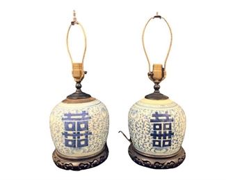 $350 - Chinese Double Happiness Blue Porcelain Lamps