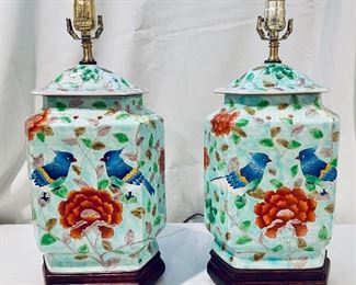 $395 - Pair of Ceramic Octagonal Ginger Jar Lamps with wooden bases. 20”H x 10”W x 6.5” D