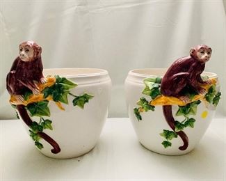 $60 for pair of decorative planters with monkey motif.  As is (rims have small chips).  12” H to monkey head x 10” D
