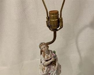 $60 - Antique porcelain figural lamp on wooden base; 23”H x 6”D