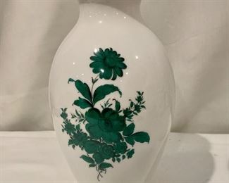 $40 - Augarten Wien (Austria) porcelain vase.  Green rose “Maria Theresa”; 11” H x 6” D