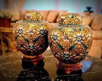 Pair Cloisonne' jars on rosewood stands