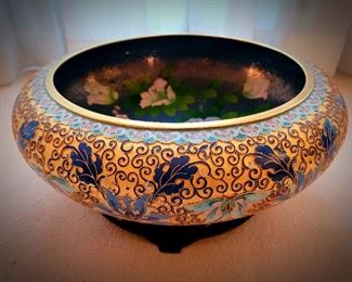 Large Cloisonne' bowl on rosewood stand