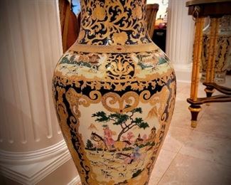 Pair tall hand-painted decorative urns