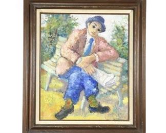 Framed, Signed Oil Painting Of Man Sitting On Bench