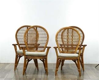 Cushioned Rattan Bamboo Dining Chairs, Set Of 4
