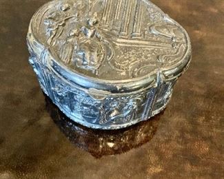 $20 - Antique covered trinket box (Barbour Silver Co.); initialed "J.B.," and dated 1878; 2 in. (H) x 3 in . (L) x 2 1/2 in. (W)