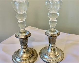 $140 - Vintage pair of weighted Frank Whiting Co. sterling and glass candlesticks; 7 in. (H) x 3 1/2 in. (W, base)
