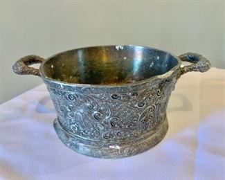$20 - Two handled bowl with small dent (Barbour Silver Co.); 2 3/4 in. (H) x 8 in. (W, handle to handle) x  5 1/2 in. (diameter)