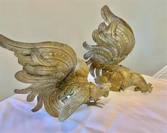 $50 - Pair of metallic chicken table decorations; left: 7 in. (H) x 10 in. (L); right 9 1/2 in. (H) x 8 1/2 in. (L)