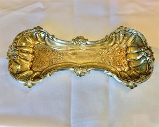 $40 - Silverplate over copper tray with some wear; approx. 9 in. (L) x 4in. (W, at widest point)